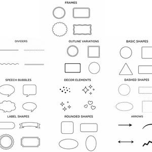 May include: A selection of black and white graphic elements, including frames, dividers, speech bubbles, label shapes, and basic shapes. The image also features outline variations, decor elements, dashed shapes, rounded shapes, and arrows. Text labels identify each category.
