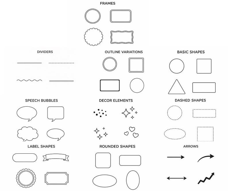 May include: A selection of black and white graphic elements, including frames, dividers, speech bubbles, label shapes, and basic shapes. The image also features outline variations, decor elements, dashed shapes, rounded shapes, and arrows. Text labels identify each category.
