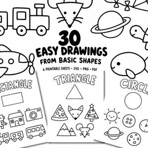 May include: A black and white digital drawing guide titled 30 EASY DRAWINGS FROM BASIC SHAPES. The image features various line art illustrations including a train, mouse, planet, turtle, airplane, and fish, organised under categories labelled RECTANGLE, TRIANGLE, and CIRCLE.