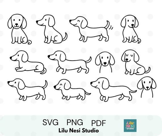 ダックスフンドの落書き風クリップアート12点｜白黒のウィーナー犬の