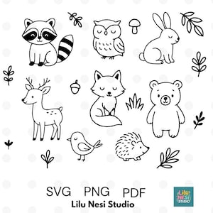 Könnte beinhalten: Schwarz-Weiß-Illustrationen von Waldtieren, darunter ein Waschbär, eine Eule, ein Kaninchen, ein Reh, ein Fuchs, ein Bär, ein Vogel und ein Igel. Das Bild enthält Blätter, eine Eichel und einen Pilz. Der Text "SVG PNG PDF" und "Lilu Nesi Studio" sind unten.