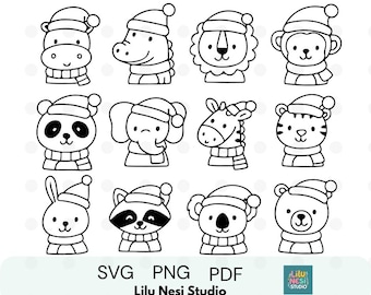 Weihnachten Tier Clipart Set | Urlaub SVG PNG PDF | Schwarz-Weiß Line Art | Ausmalbilder Wintertiere | Weihnachtshandwerk Illustrationen