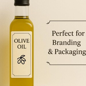 Puede incluir: Una botella de aceite de oliva de vidrio transparente con tapa negra. La etiqueta dice "OLIVE OIL" con una ilustraci&oacute;n de rama de olivo. Tambi&eacute;n se ve el texto "Perfect for Branding & Packaging".
