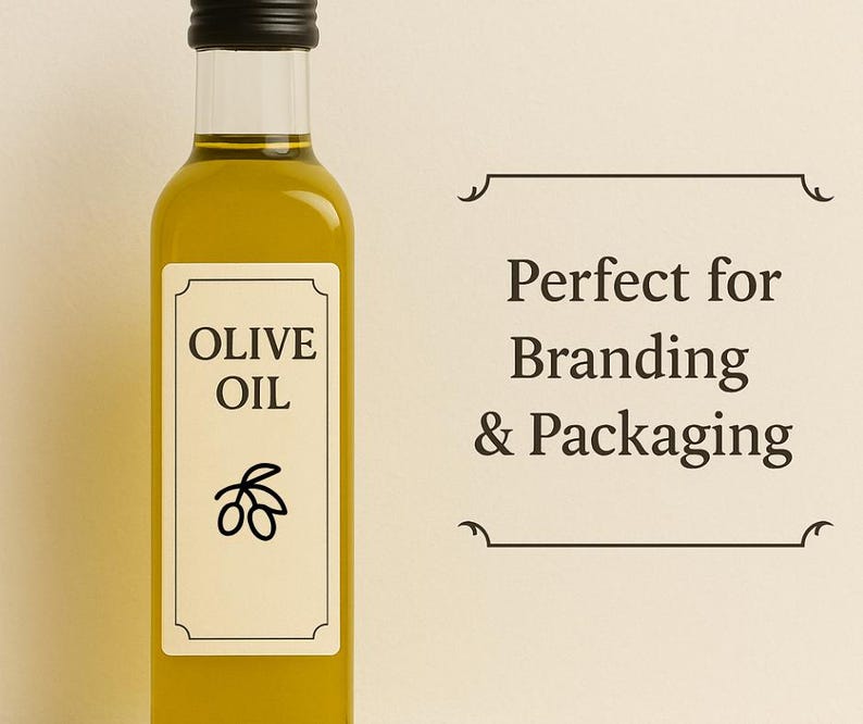 Puede incluir: Una botella de aceite de oliva de vidrio transparente con tapa negra. La etiqueta dice "OLIVE OIL" con una ilustraci&oacute;n de rama de olivo. Tambi&eacute;n se ve el texto "Perfect for Branding & Packaging".