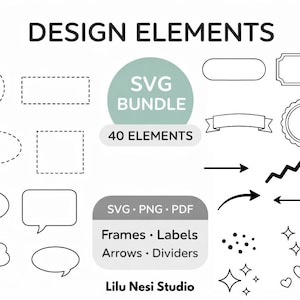 May include: A selection of black and white design elements, including frames, labels, arrows, and dividers. The image includes the text "DESIGN ELEMENTS" and "SVG BUNDLE 40 ELEMENTS". The design elements are in SVG, PNG, and PDF formats.