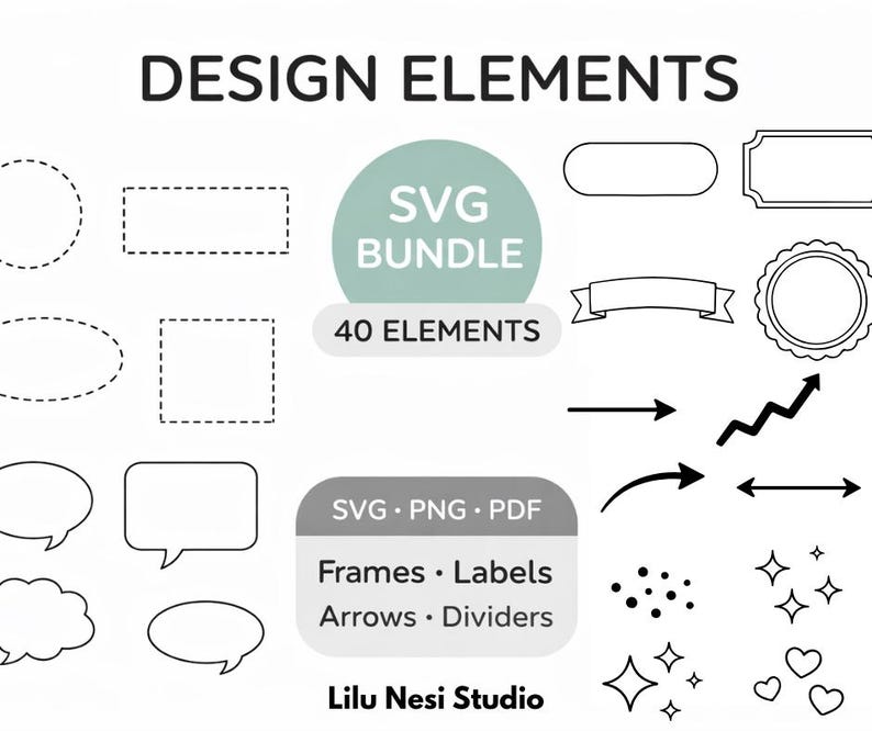 May include: A selection of black and white design elements, including frames, labels, arrows, and dividers. The image includes the text "DESIGN ELEMENTS" and "SVG BUNDLE 40 ELEMENTS". The design elements are in SVG, PNG, and PDF formats.