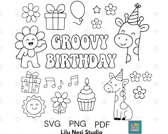 Groovy Birthday Clipart Set – Retro Birthday Elements SVG PNG PDF – 70s Style Cake, Peace Sign, Balloons – Digital Party Decor, Stickers