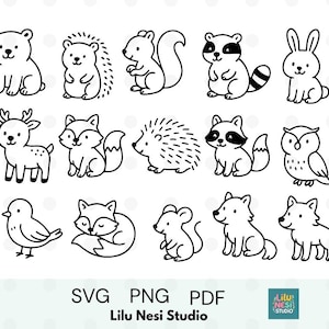 Può includere: Illustrazioni in bianco e nero di vari animali del bosco, tra cui un orso, un riccio, uno scoiattolo, un procione, un coniglio, un cervo, una volpe, un gufo, un uccello, un topo e un lupo. L'immagine include il testo "SVG PNG PDF" e "Lilu Nesi Studio".