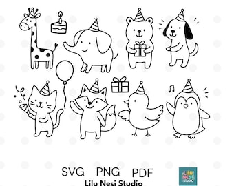 Clipart de animales para fiestas de cumpleaños / 11 lindas ilustraciones de animales con sombreros de fiesta / Descarga digital SVG PNG PDF / Elefante, jirafa, zorro, oso