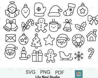 Christmas Icon SVG Bundle – 27 Minimalist Black and White Christmas Clipart | Holiday Line Art, Xmas Elements PNG PDF for Cricut & Crafts