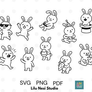 May include: A collection of black and white cartoon bunny illustrations in various poses. One bunny wears sunglasses, another jumps, and others hold an Easter egg, carrot, and party hat. The image includes the text "SVG PNG PDF" and "Lilu Nesi Studio".