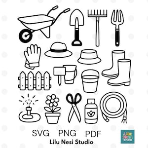May include: Black and white line art illustration of gardening tools and accessories, including a wheelbarrow, shovel, rake, fork, gloves, hats, boots, fence, bucket, sprinkler, flower pot, scissors, fertilizer, and a hose.