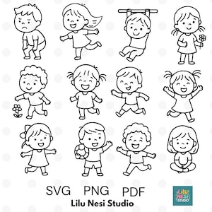 12 Kids Line Art Drawings | Cute Minimalist Children Clipart | Preschool & School Theme Digital Doodles | Black and White PNG
