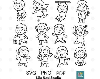 12 Kinder Line Art Zeichnungen | Süße minimalistische Kinder Clipart | Vorschul & Schul Thema Digitale Doodles | Schwarz und weiß PNG