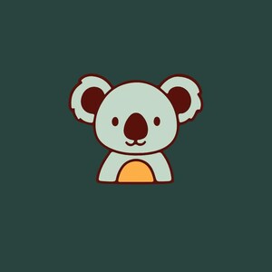 May include: A cartoon koala illustration with a light blue body, brown nose and ears, and an orange belly. The koala is outlined in brown against a dark green background.