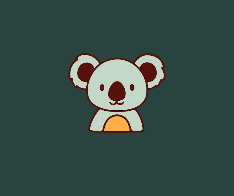 May include: A cartoon koala illustration with a light blue body, brown nose and ears, and an orange belly. The koala is outlined in brown against a dark green background.