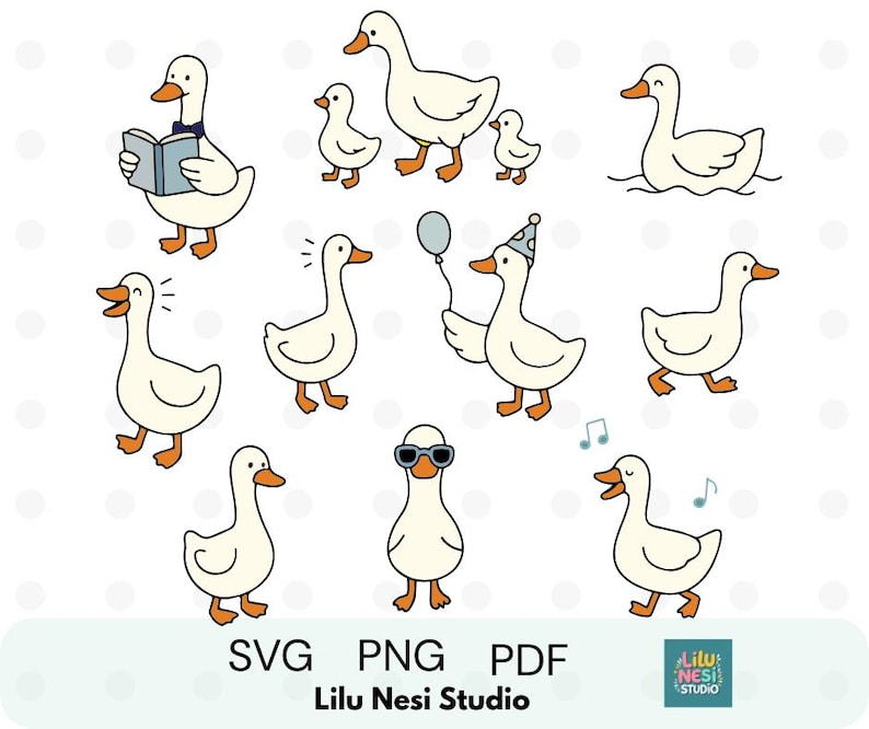 K&ouml;nnte beinhalten: Eine Sammlung von Cartoon-G&auml;nsen in verschiedenen Posen. Einige G&auml;nse halten ein Buch, einen Ballon oder tragen eine Sonnenbrille. Die G&auml;nse sind wei&szlig; mit orangefarbenen Schn&auml;beln und F&uuml;&szlig;en. Der Text "SVG PNG PDF" und "Lilu Nesi Studio" ist enthalten.