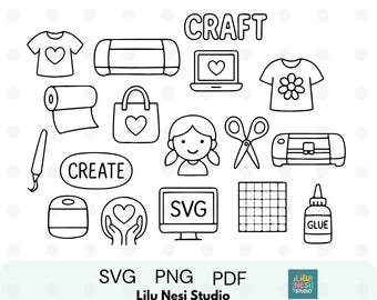 Cricut Craft Doodles SVG-bundel | 17 zwart-witte knutselelementen | Cricut-machine, gereedschap, doe-het-zelfclipart | PNG pdf-bestanden knippen, Crafter svg