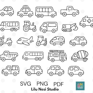 Może przedstawiać: Czarno-białe ilustracje różnych pojazdów, w tym samochodów, autobusów i samolotu. Obraz zawiera również tekst "SVG PNG PDF" i "Lilu Nesi Studio".