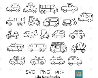 Minimalist Transport SVG Bundle – 22 Black & White Vehicle Clipart Elements | Car, Bus, Taxi, Travel Line Art for Cricut and Coloring