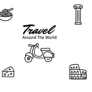 Puede incluir: Ilustraci&oacute;n en blanco y negro con el texto "Travel Around The World". La imagen incluye iconos de pasta, un scooter, un trozo de queso, una columna y el Coliseo.