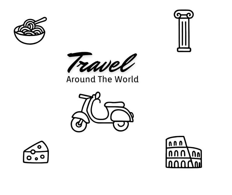 Puede incluir: Ilustraci&oacute;n en blanco y negro con el texto "Travel Around The World". La imagen incluye iconos de pasta, un scooter, un trozo de queso, una columna y el Coliseo.
