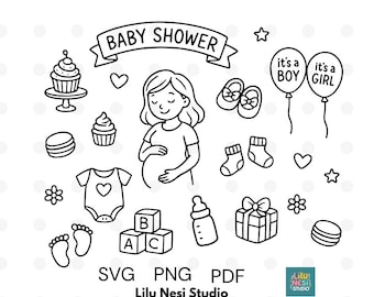 Lot de cliparts baby shower | Bébé Garçon Fille SVG PNG PDF | Dessin au trait mignon Doodle | Clipart chambre d'enfant | Faire-part de fête prénatale | Contour du nouveau-né