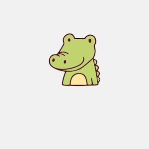 May include: A cartoon illustration of a smiling green alligator with a light yellow belly. The alligator has brown outlines and is set against a white background. The design is simple and friendly.