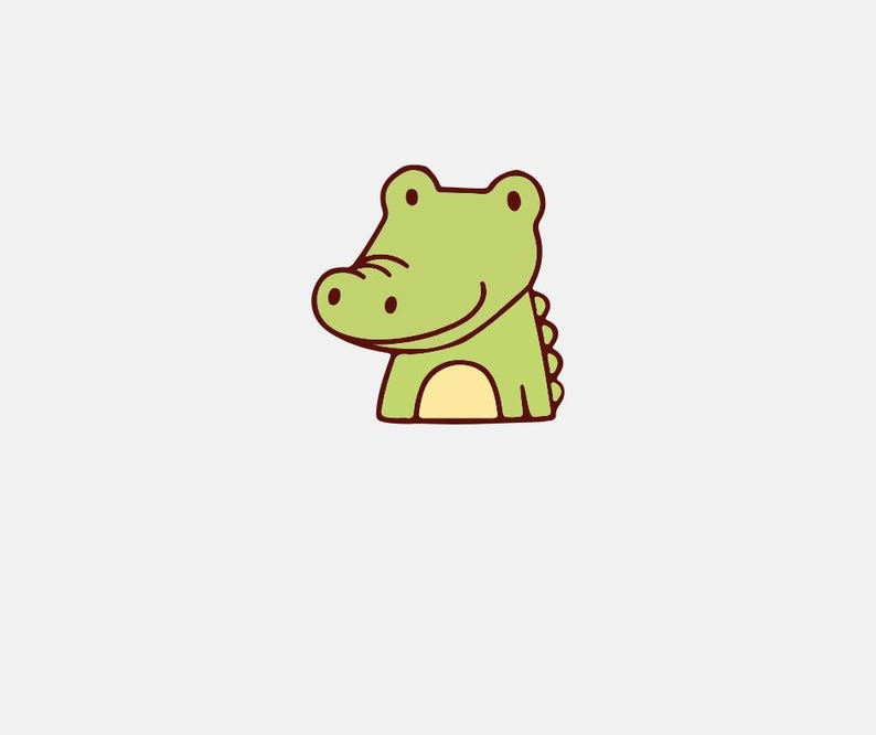 May include: A cartoon illustration of a smiling green alligator with a light yellow belly. The alligator has brown outlines and is set against a white background. The design is simple and friendly.