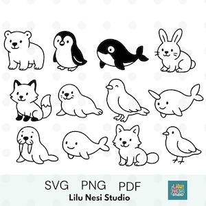 Könnte beinhalten: Schwarz-Weiß-Cartoon-Illustrationen verschiedener Tiere, darunter ein Eisbär, ein Pinguin, ein Wal, ein Kaninchen, ein Fuchs, eine Robbe, ein Vogel, ein Narwal, ein Walross, ein Hund und ein weiterer Vogel. Der Text "SVG PNG PDF" und "Lilu Nesi Studio" ist ebenfalls enthalten.