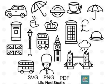 London UK Line Art SVG | England Doodle Clipart, Black and White Travel Icons,  Elements | British Culture PNG Bundle