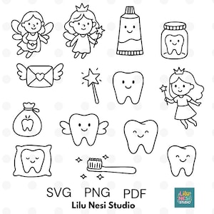 Tooth Fairy Clipart Set – 14 Line Art svg – Tooth, Fairy, Toothbrush, Toothpaste & Dental Care Elements – Kids Milestone Art