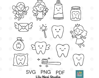 Tooth Fairy Clipart Set – 14 Line Art svg – Tooth, Fairy, Toothbrush, Toothpaste & Dental Care Elements – Kids Milestone Art