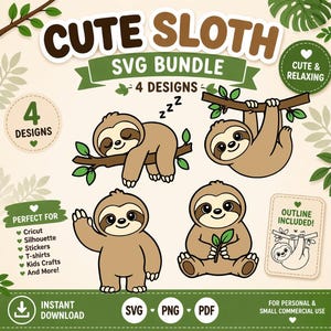 Könnte beinhalten: Ein digitales SVG-Bundle mit vier niedlichen Faultier-Designs. Das Bild zeigt Faultiere in verschiedenen Posen, mit dem Text "Cute Sloth SVG Bundle" und "4 Designs". Die Designs eignen sich für Cricut, Silhouette, Aufkleber, T-Shirts und Kinderbastelarbeiten.