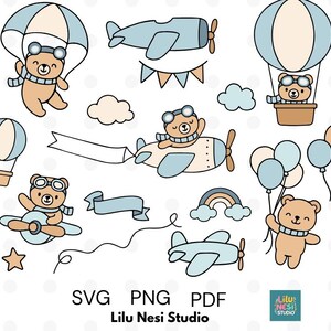 Könnte beinhalten: Eine Sammlung von Cartoon-Illustrationen mit Teddybären mit Fliegerbrillen und Schals, die in Flugzeugen, Heißluftballons und Fallschirmen fliegen. Enthält Wolken, einen Regenbogen und den Text "SVG PNG PDF" und "Lilu Nesi Studio".