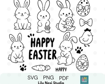 May include: Black and white Easter-themed digital art featuring bunnies, eggs, a chick, and the text "Happy Easter." Includes a carrot, paw prints, and a bow. The image is in SVG, PNG, and PDF formats.