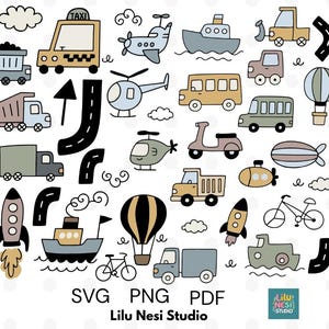 Może przedstawiać: Ręcznie rysowane ilustracje różnych środków transportu, w tym taksówki, samolotu, łodzi, autobusu, ciężarówki, helikoptera, skutera, rakiety i innych. Obraz zawiera tekst "SVG PNG PDF" i "Lilu Nesi Studio".