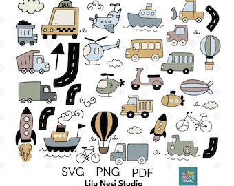 Minimalist Transport SVG Bundle – 36 vector drawing Vehicle Clipart Elements | Car,  Bus, Taxi, Travel Illustration for Cricut
