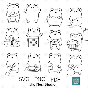 Puede incluir: Ilustraciones en blanco y negro de ranas de dibujos animados realizando diversas tareas domésticas, como jardinería, baño, limpieza y lavandería. La imagen incluye el texto "SVG PNG PDF" y "Lilu Nesi Studio".