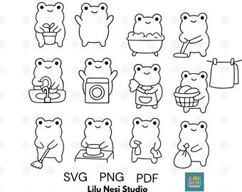 カエルの漫画線画 白黒バンドル 1.50 デジタル Ai 線画 PNG-SVG