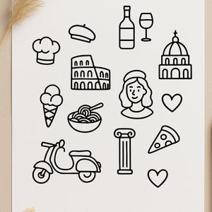 Puede incluir: Conjunto de ilustraciones en l&iacute;nea negra con iconos de tem&aacute;tica italiana. Incluye un gorro de chef, boina, Coliseo, botella de vino, copa, helado, pasta, scooter, porci&oacute;n de pizza y corazones.