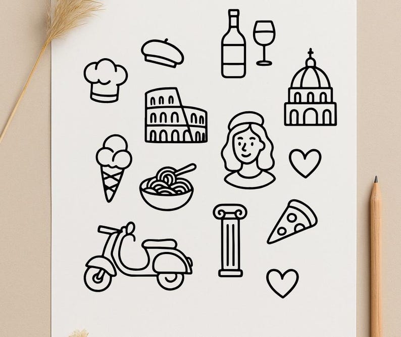 Puede incluir: Conjunto de ilustraciones en l&iacute;nea negra con iconos de tem&aacute;tica italiana. Incluye un gorro de chef, boina, Coliseo, botella de vino, copa, helado, pasta, scooter, porci&oacute;n de pizza y corazones.