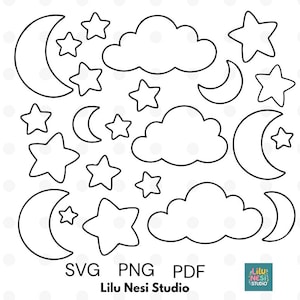 Może przedstawiać: Czarno-biała grafika liniowa przedstawiająca kształty niebieskie, w tym półksiężyce, gwiazdy i chmury. Obraz zawiera tekst "SVG PNG PDF" i "Lilu Nesi Studio". Idealny do projektów rzemieślniczych.