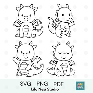 May include: Four black and white cartoon dragon illustrations. Each dragon has wings, a tail, and a friendly expression. The image includes the text "SVG PNG PDF" and "Lilu Nesi Studio".