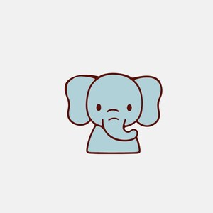 May include: A light blue cartoon elephant with large ears and a trunk. The elephant has brown outlines and small brown eyes. The background is plain white.