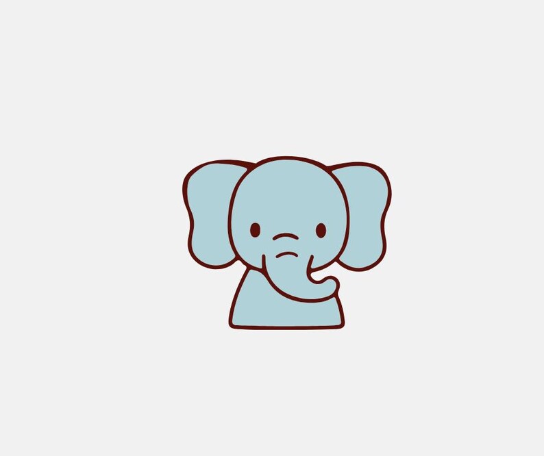 May include: A light blue cartoon elephant with large ears and a trunk. The elephant has brown outlines and small brown eyes. The background is plain white.