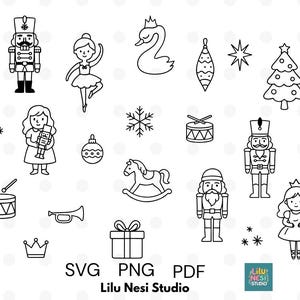 May include: Black and white line art illustrations of Christmas and Nutcracker-themed elements. Includes a nutcracker, ballerina, swan, Christmas tree, snowflake, drum, rocking horse, and gift box. The text "SVG PNG PDF" and "Lilu Nesi Studio" are also present.