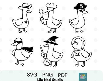 Silly Goose SVG Bundle | Funny Goose Clipart | 6 Gooses in Costumes (Cowboy, Chef, Pirate, Superhero)  One Silly Goose Doodles | PNG PDF