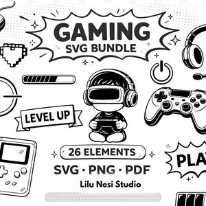 Puede incluir: Paquete SVG de juegos en blanco y negro con 26 elementos. Incluye un mando, auriculares, una consola de juegos y un personaje de jugador con gafas de realidad virtual. El texto incluye "GAMING SVG BUNDLE", "LEVEL UP" y "PLAY".