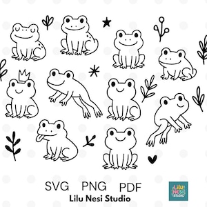 Puede incluir: Ilustración digital en blanco y negro con múltiples ranas de dibujos animados en varias poses, junto con elementos botánicos como hojas y estrellas. La imagen incluye el texto "SVG PNG PDF" y "Lilu Nesi Studio".